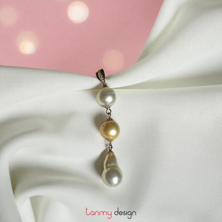 Mặt dây chuyền 3 viền ngọc trai nối nhau vàng 18k đính kim cương